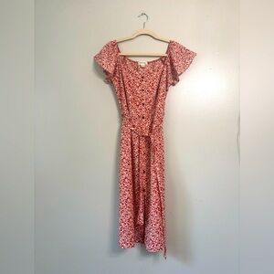 Monteau Orange Red Floral button down Midi Dress Off Shoulder Flutter sleeves